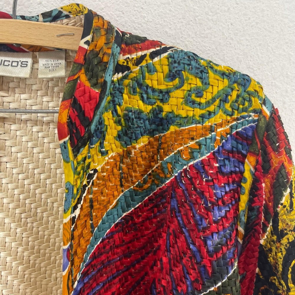 Chico's Silk Jacket 1 Abstract Boho Art To Wear Open Front Colorful Maximalism - Picture 4 of 16